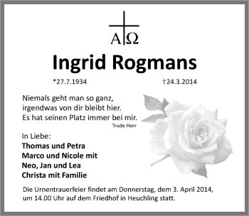 Traueranzeige von Ingrid Rogmans von Pegnitz-Zeitung